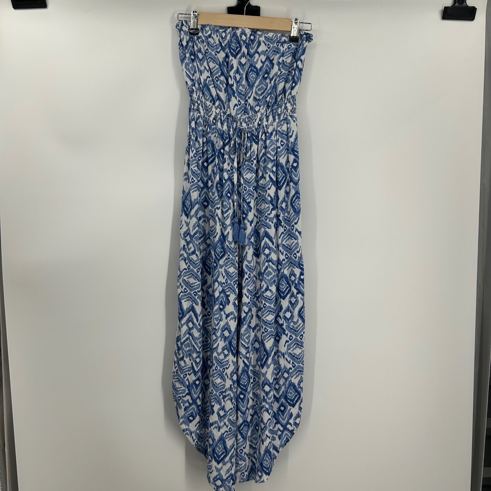 Joyous Blue White Ikat Print Strapless Jumpsuit Small Smocked Waist Tulip Hem